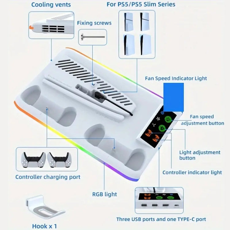 For PS5 Slim / PS5 iplay HA-8008 Cooling Bracket Headphone Organiser Grip Holder Charger(White)
