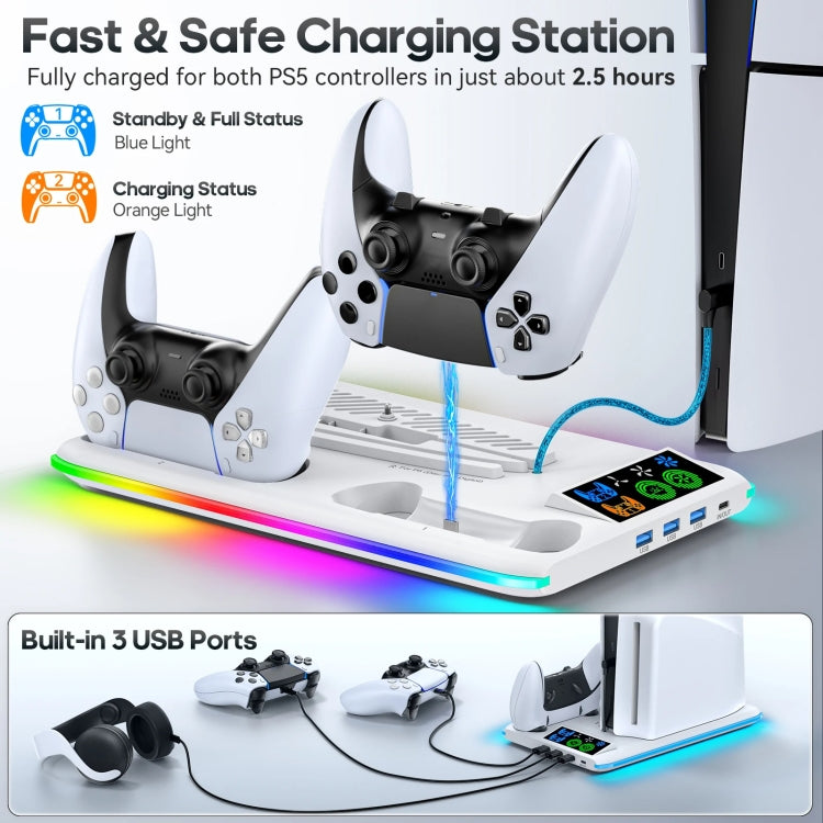 For PS5 Slim / PS5 iplay HA-8008 Cooling Bracket Headphone Organiser Grip Holder Charger(White)