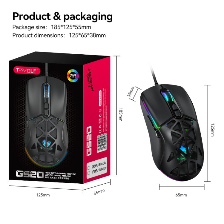 T-WOLF G520 7-keys RGB Marquee Honeycomb Hollow Gaming Wired Mouse(White)