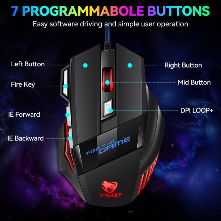 T-WOLF M1 7-keys RGB Atmosphere Light USB Gaming Wired Mouse(Black)