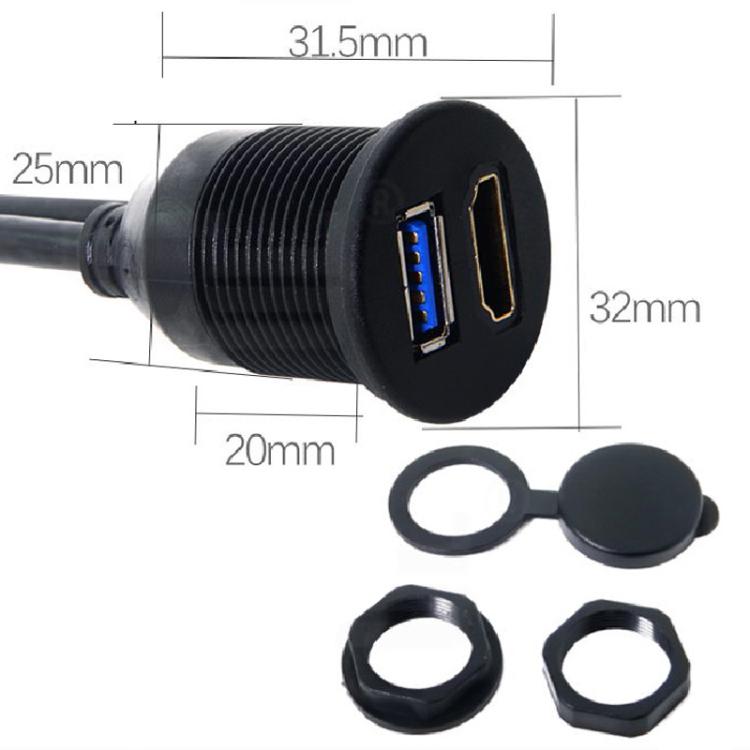 2m USB3.0+HDMI Car Waterproof Cable Motorcycle Boat Dashboard Extension Wire, 2m USB3.0+HDMI