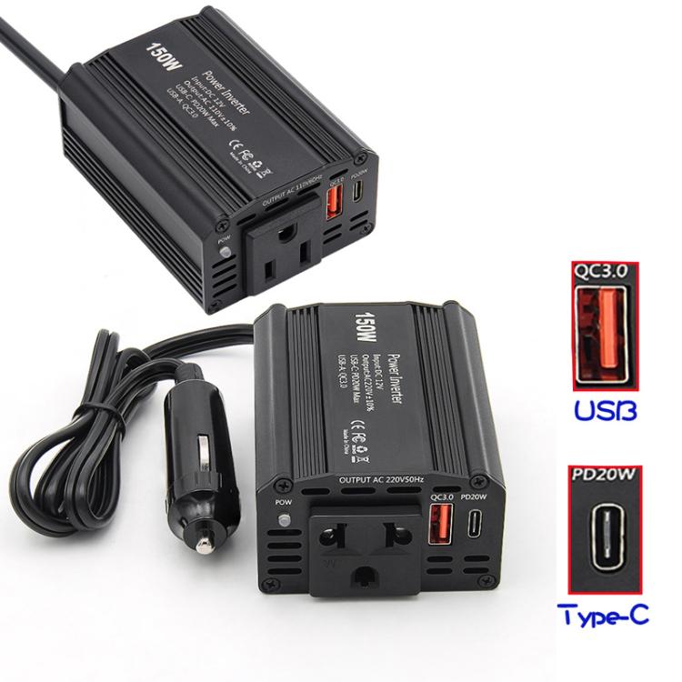 150W PD20W QC3.0 Fast Charging Car Inverter Car Cigarette Lighter Power Supply Adapter, US Plug, EU Plug