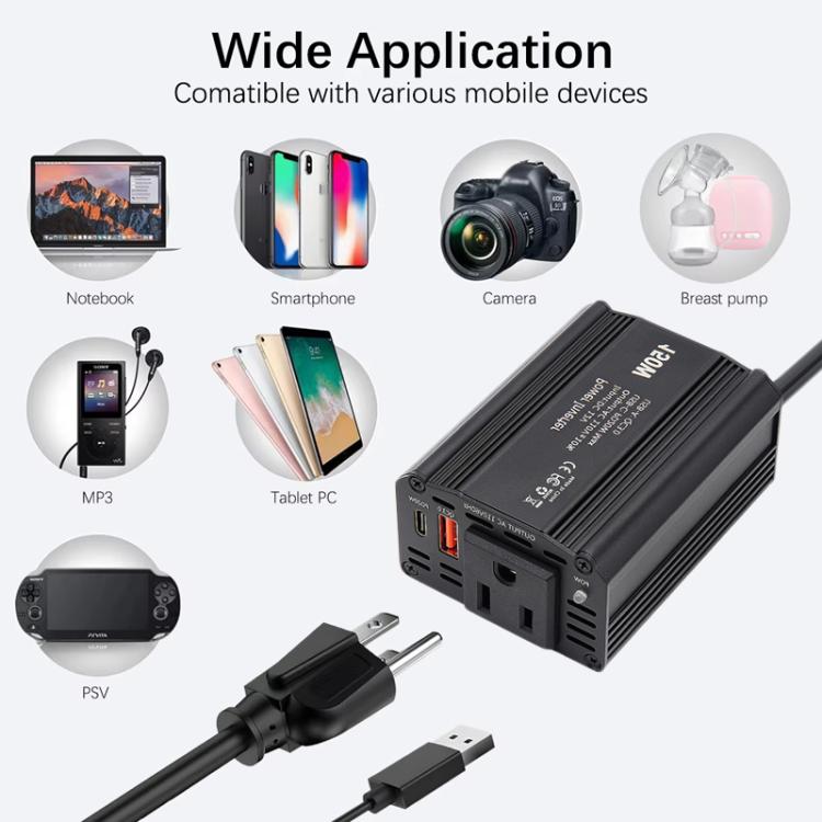 150W PD20W QC3.0 Fast Charging Car Inverter Car Cigarette Lighter Power Supply Adapter, US Plug, EU Plug