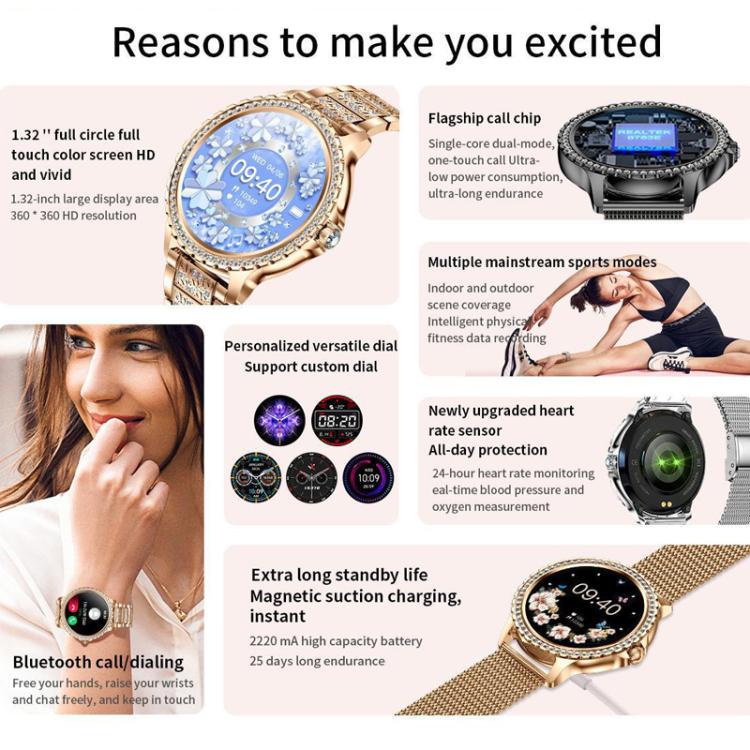 Bluetooth Calling AI Voice Assistant Life Waterproof Sports Smartwatch, Black Silicone Strap, Gold Pink Silicone Strap, Silver Gray Silicone Strap, Gold Rough Steel Strap+Pink Silicone Strap, Silver Rough Steel Strap+Gray Silicone Strap...