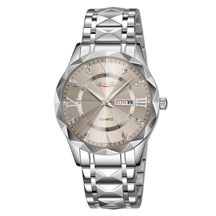 SKMEI Business Casual Watches Diamond Case Luminous Waterproof Quartz Watch, Men Silver Gold Strap Silver Dial, Men Silver Gold Strap Green Dial, Men Silver Gold Strap Black Dial, Men Silver Case Silver Dial, Men Silver Case Gray Dial...
