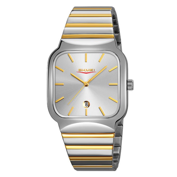 SKMEI 9361 Steel Strap Textured Dial Watch Business Casual Square Quartz Watch, Gold Case Gold Dial, Gold Case Gray Dial, Silver Gold Case Silver Dial, Silver Gold Case Blue Dial, Silver Gold Case Black Dial, Silver Case Silver Dial, Silver Case Gray D...