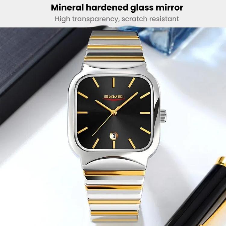 SKMEI 9361 Steel Strap Textured Dial Watch Business Casual Square Quartz Watch, Gold Case Gold Dial, Gold Case Gray Dial, Silver Gold Case Silver Dial, Silver Gold Case Blue Dial, Silver Gold Case Black Dial, Silver Case Silver Dial, Silver Case Gray D...