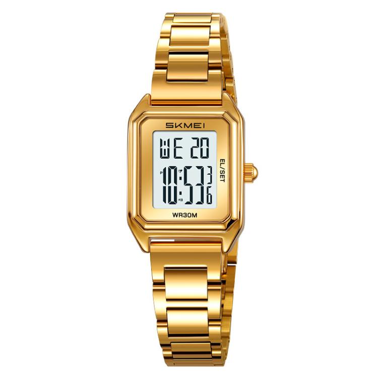SKMEI 2493 Small Women Electronic Watch Square Steel Strap Watch, Gold Case White, Gold Case Black, Silver Case White, Silver Case Black, Black Case White, Black Case Black