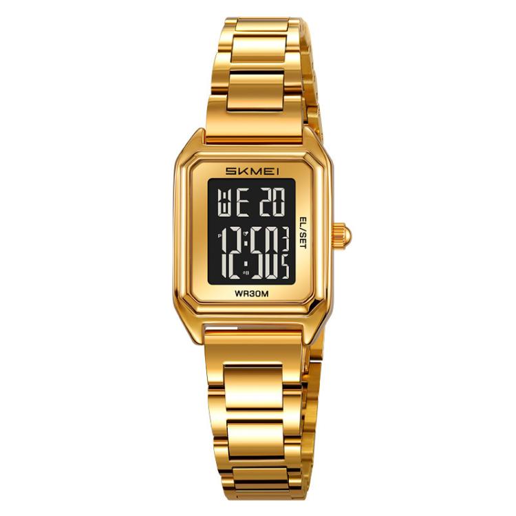 SKMEI 2493 Small Women Electronic Watch Square Steel Strap Watch, Gold Case White, Gold Case Black, Silver Case White, Silver Case Black, Black Case White, Black Case Black