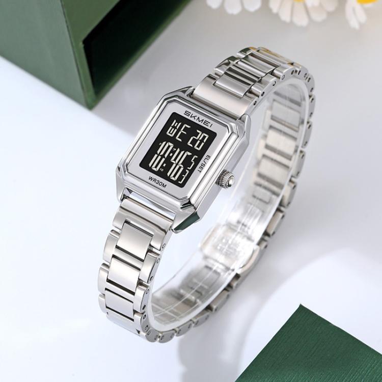 SKMEI 2493 Small Women Electronic Watch Square Steel Strap Watch, Gold Case White, Gold Case Black, Silver Case White, Silver Case Black, Black Case White, Black Case Black