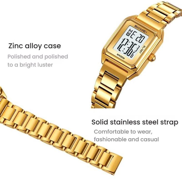 SKMEI 2493 Small Women Electronic Watch Square Steel Strap Watch, Gold Case White, Gold Case Black, Silver Case White, Silver Case Black, Black Case White, Black Case Black
