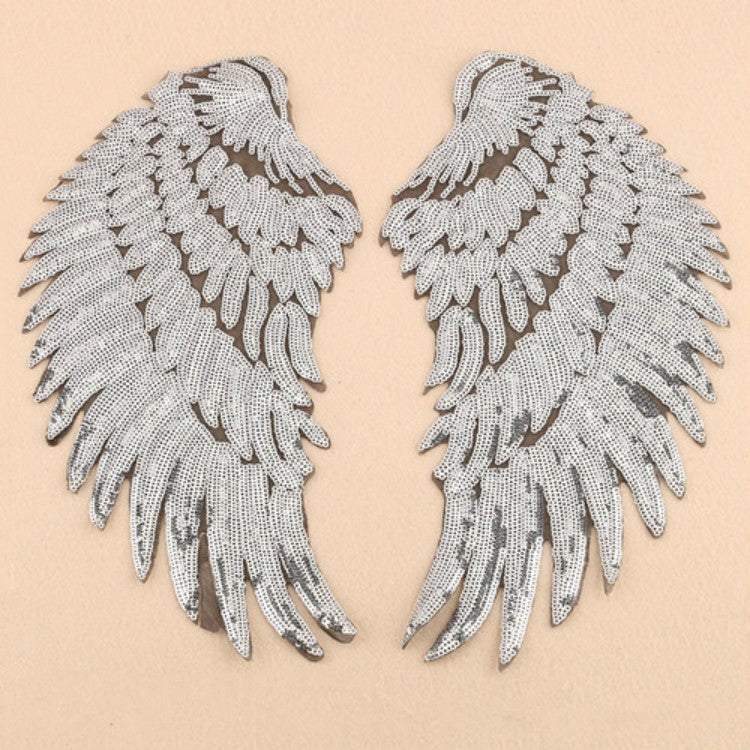 A Pair Sequin Feather Wing Shape Clothing Patch Sticker DIY Clothing Accessories, Small 20.5 x 10cm Gold, Large 33.5 x 32cm Gold, Small 20.5 x 10cm Silver, Large 33.5 x 32cm Silver, Small 20.5 x 10cm Black, Large 33.5 x 32cm Black, Small 20.5 x 10cm Re...