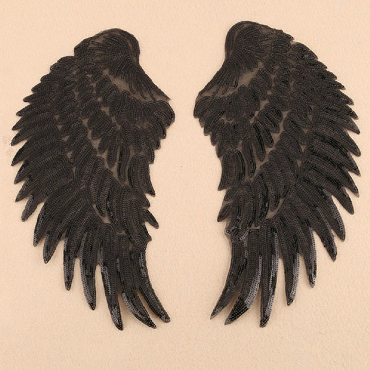 A Pair Sequin Feather Wing Shape Clothing Patch Sticker DIY Clothing Accessories, Small 20.5 x 10cm Gold, Large 33.5 x 32cm Gold, Small 20.5 x 10cm Silver, Large 33.5 x 32cm Silver, Small 20.5 x 10cm Black, Large 33.5 x 32cm Black, Small 20.5 x 10cm Re...