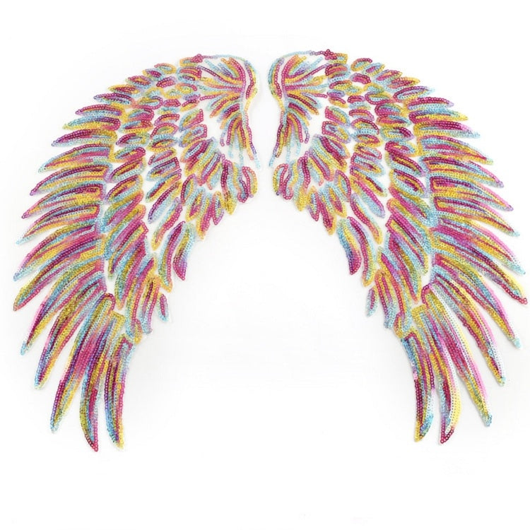 A Pair Sequin Feather Wing Shape Clothing Patch Sticker DIY Clothing Accessories, Small 20.5 x 10cm Gold, Large 33.5 x 32cm Gold, Small 20.5 x 10cm Silver, Large 33.5 x 32cm Silver, Small 20.5 x 10cm Black, Large 33.5 x 32cm Black, Small 20.5 x 10cm Re...