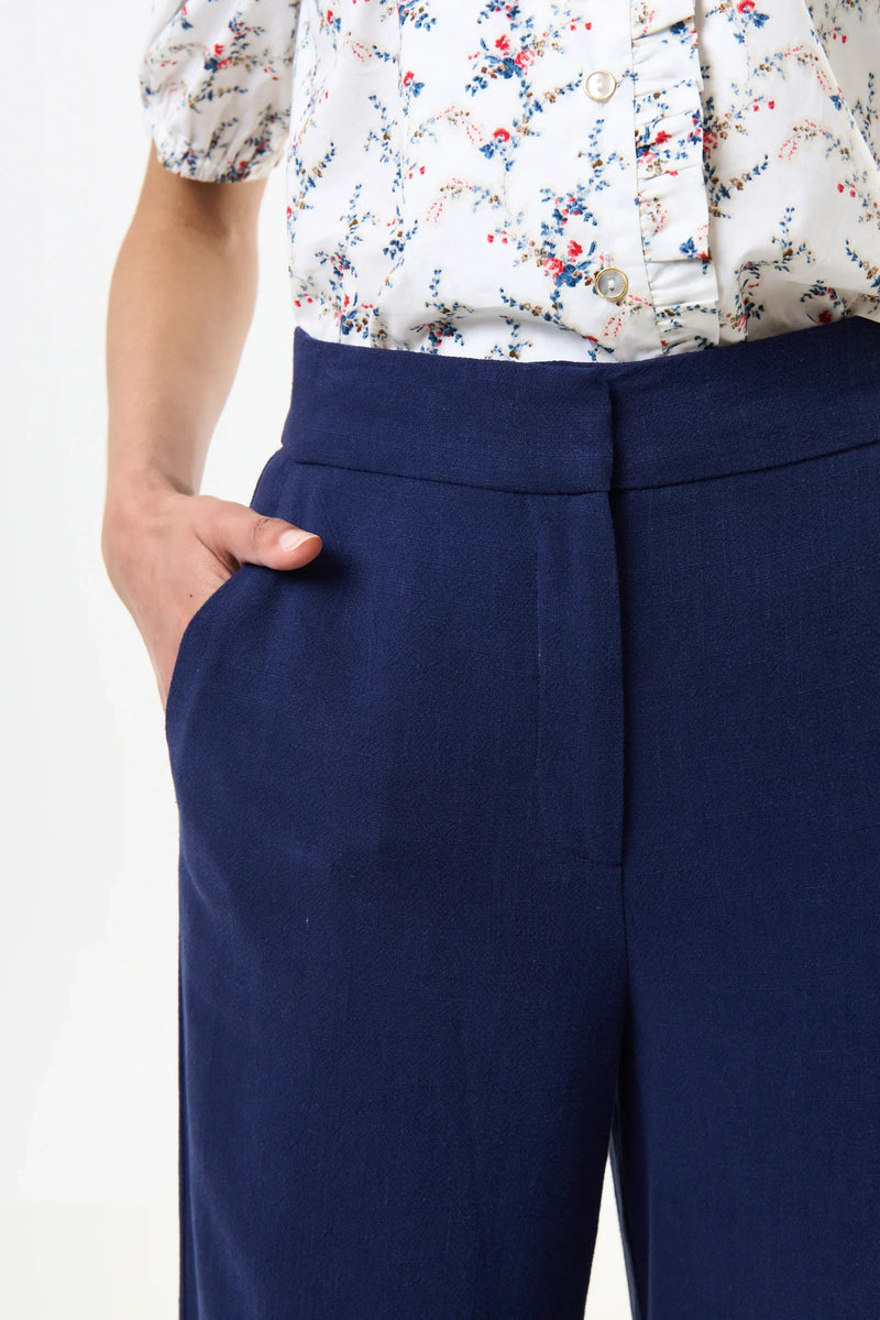 Tilde Linen Mix Wide Leg Trousers - Navy