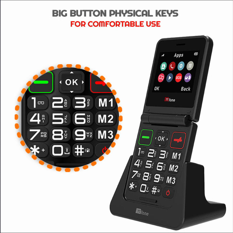 TTfone TT660 Flip Big Button Mobile with O2 SIM, USB C Dock Charger