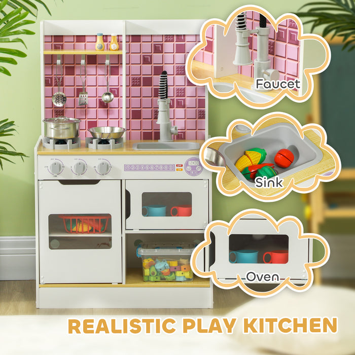 AIYAPLAY Kids Play Kitchen, Pretend Play Kitchen with Realistic Oven, Stove, Sink, Kitchen Accessories, Cooking Playset with Light, Sound, Ages 3+, White
