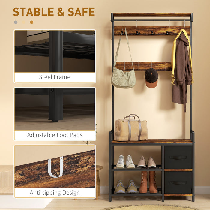 HOMCOM Coat Rack with Drawer, 4-in-1 Hall Tree with Coat Stand, Rustic Brown