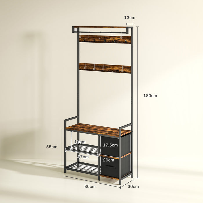 HOMCOM Coat Rack with Drawer, 4-in-1 Hall Tree with Coat Stand, Rustic Brown