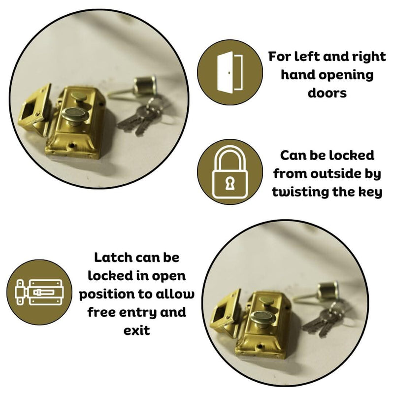 Polished Brass Rim Night Latch Door Lock with 3 Keys