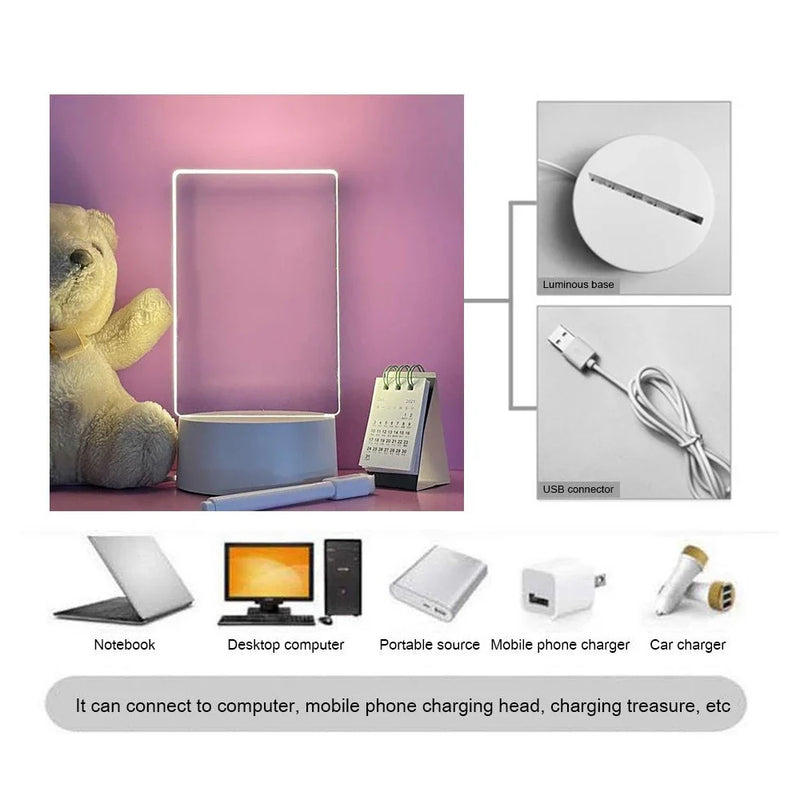 Transparent LED Night Light with Erasable Message Board - USB Luminous Acrylic Desktop Lamp