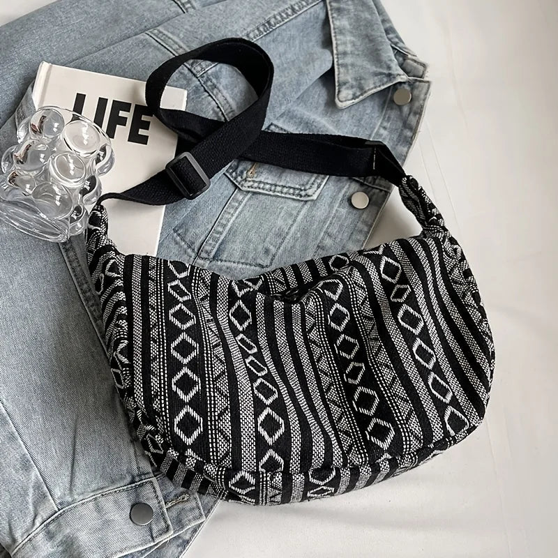 Tribal Style Shoulder Bag - Crossbody Zipper Closure, Striped Pattern Handbag