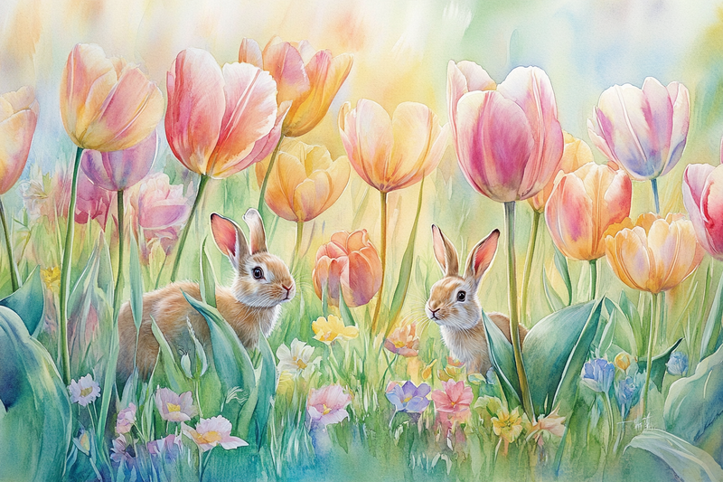 Tulip Meadow and Rabbits Canvas