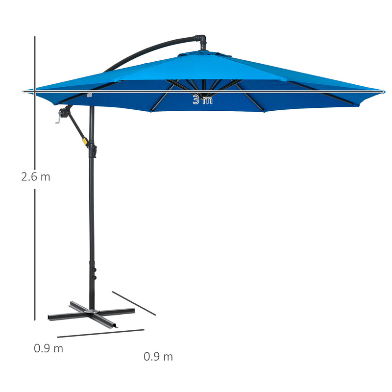Outsunny 3(m) Garden Banana Parasol Cantilever Umbrella w/ Cross Base, Blue