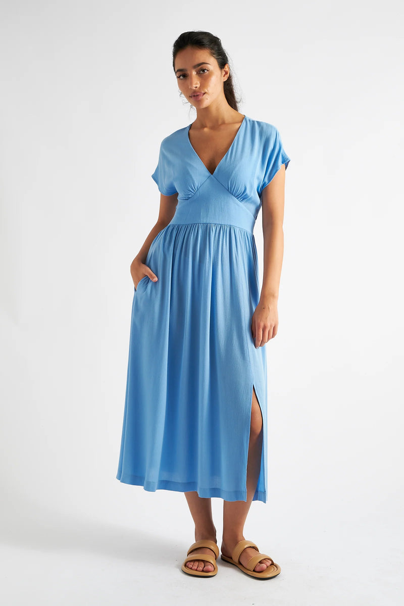Unity Moss Crepe V-Neck Midi Dress - Blue