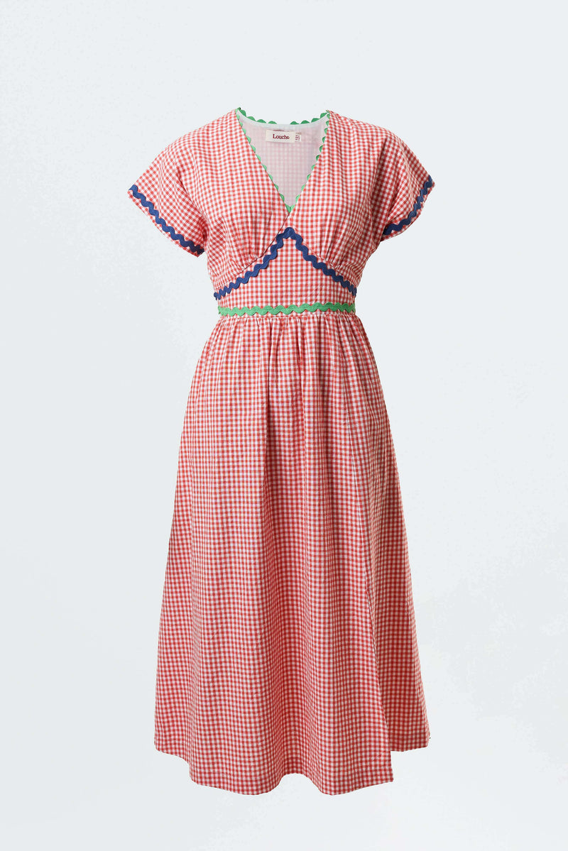Unity Gingham Ric Rac Trim V-Neck Midi Dress - Red
