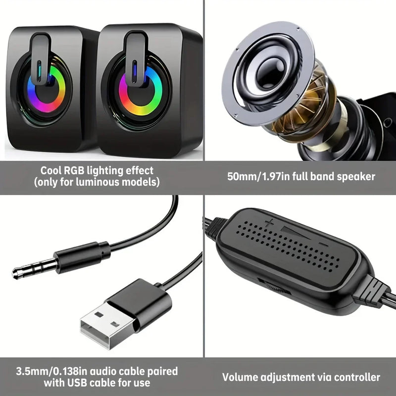 USB Wired Computer Speakers with LED Light - HiFi Stereo PC Sound Box with Microphone for Desktop & Laptop