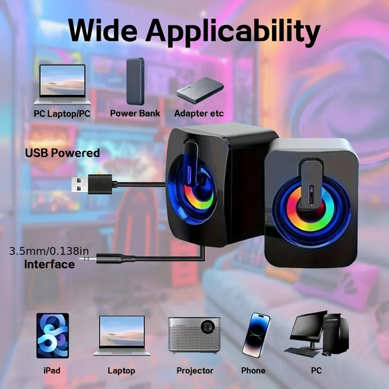 USB Wired Computer Speakers with LED Light - HiFi Stereo PC Sound Box with Microphone for Desktop & Laptop