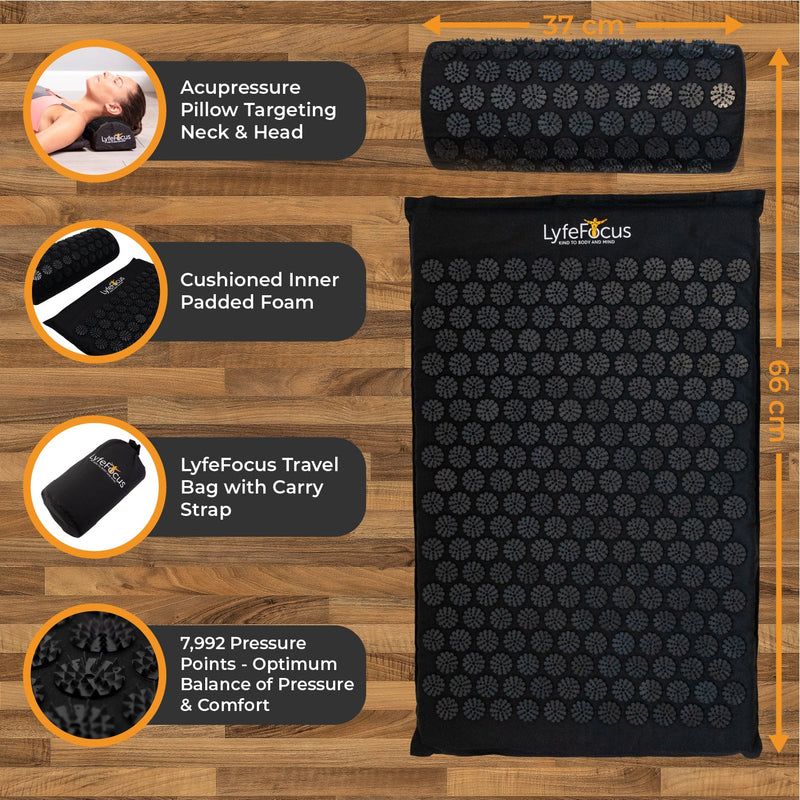 LyfeFocus Acupressure Mat & Pillow (Black)