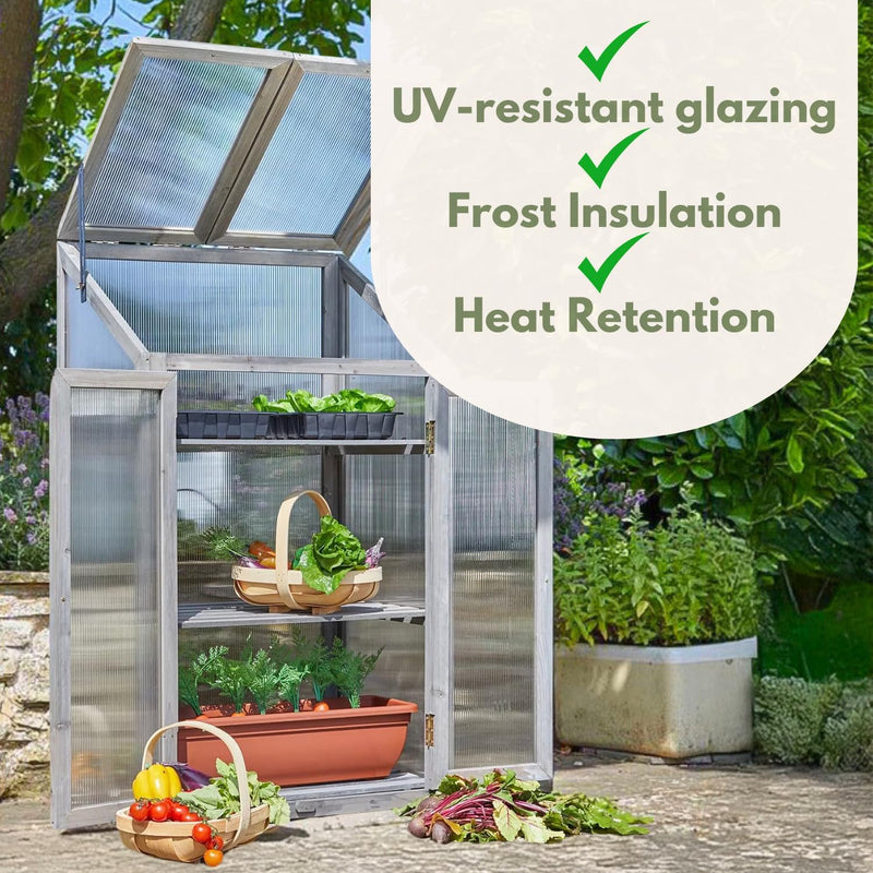 Wooden Cold Frame Mini Greenhouse 3 Tier with Hinged Lid
