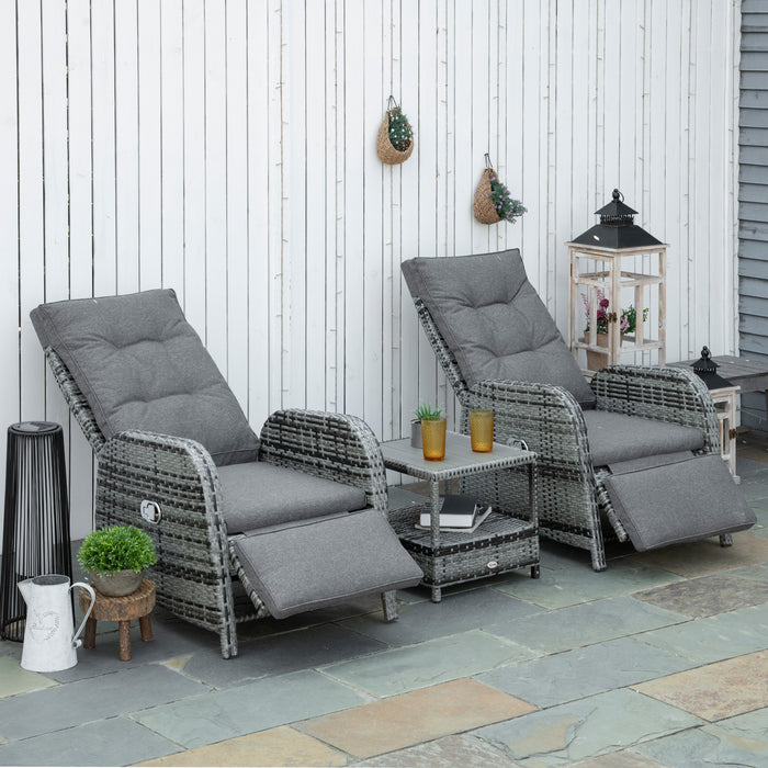 3 Pcs Rattan Chaise Lounge Sofa Set Bistro & Cushion Mixed Grey