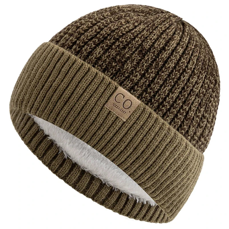 Unisex Two-Tone Winter Beanie Hat Fur Lined Warm Knitted Cap for Men & Women