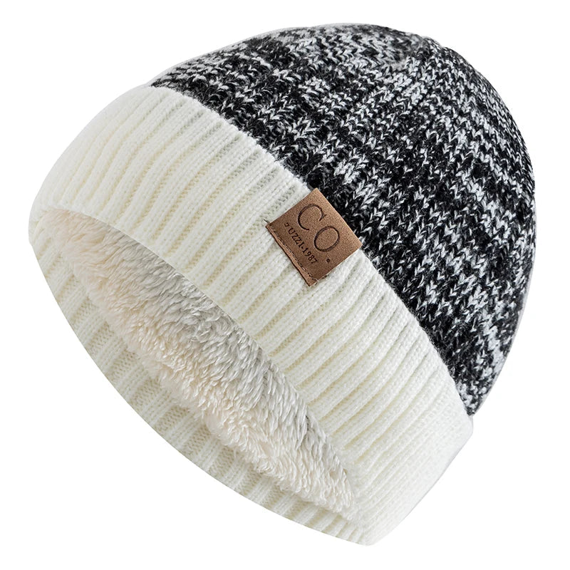 Unisex Two-Tone Winter Beanie Hat Fur Lined Warm Knitted Cap for Men & Women