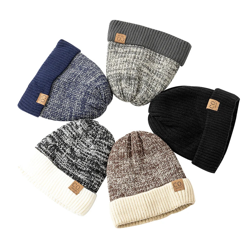 Unisex Two-Tone Winter Beanie Hat Fur Lined Warm Knitted Cap for Men & Women