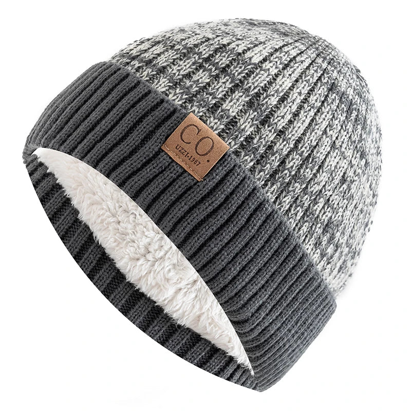 Unisex Two-Tone Winter Beanie Hat Fur Lined Warm Knitted Cap for Men & Women
