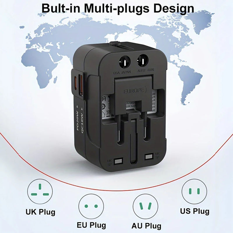 Universal Travel Adapter - All-in-One Fast Charger with USB-C Ports for USA, EU, UK & AU
