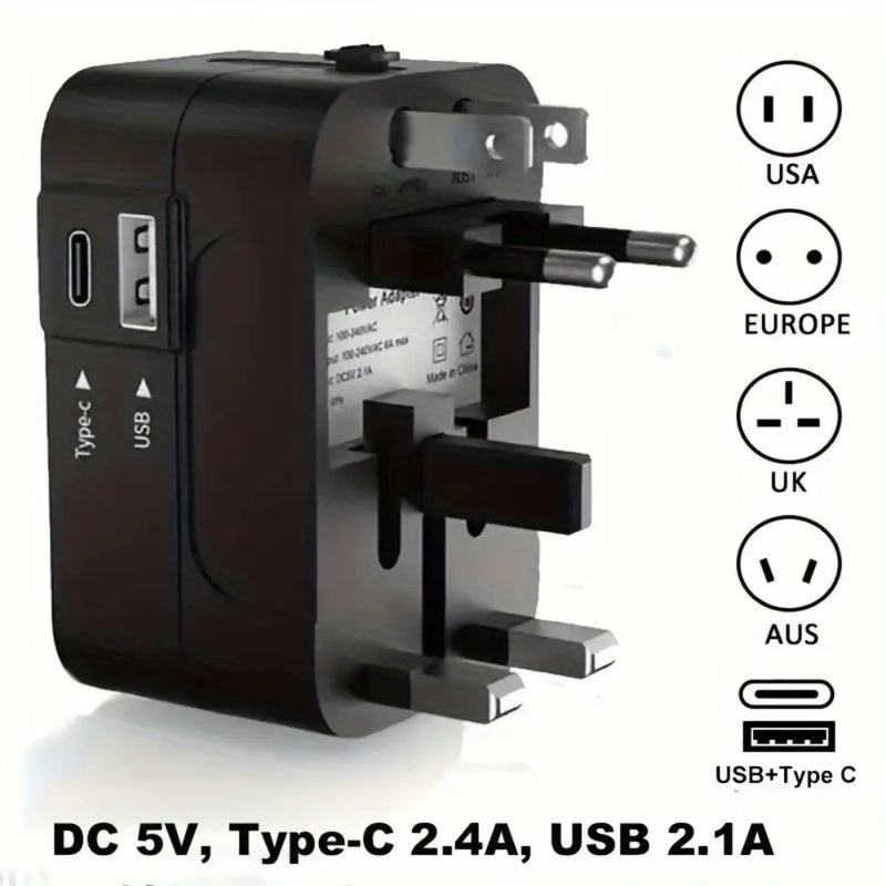 Universal Travel Adapter - All-in-One Fast Charger with USB-C Ports for USA, EU, UK & AU