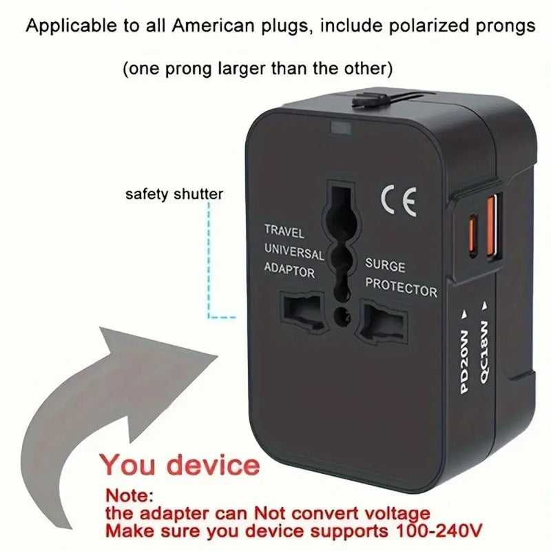Universal Travel Adapter - All-in-One Fast Charger with USB-C Ports for USA, EU, UK & AU