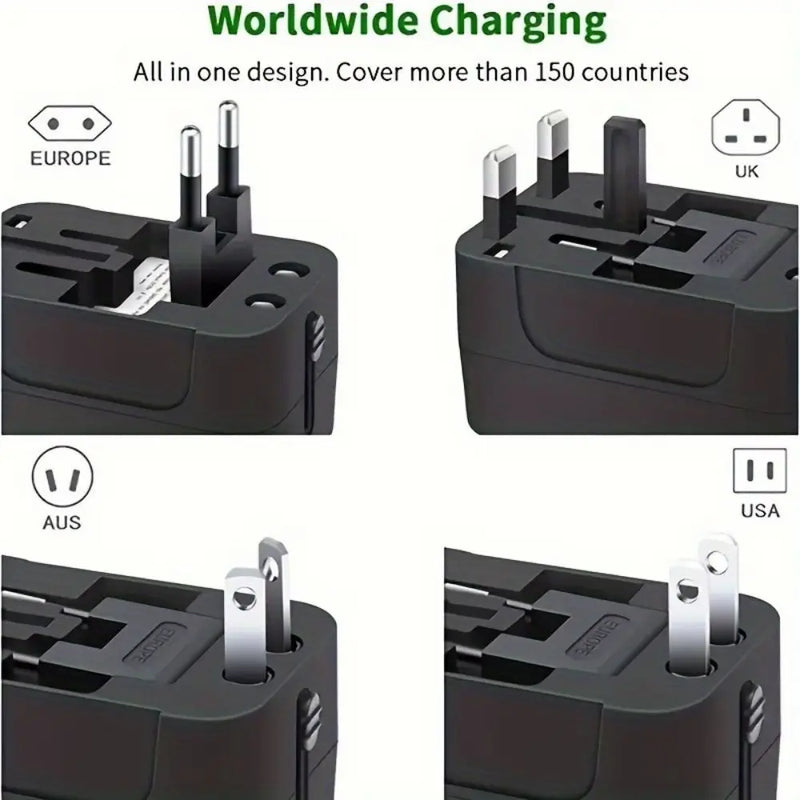 Universal Travel Adapter - All-in-One Fast Charger with USB-C Ports for USA, EU, UK & AU