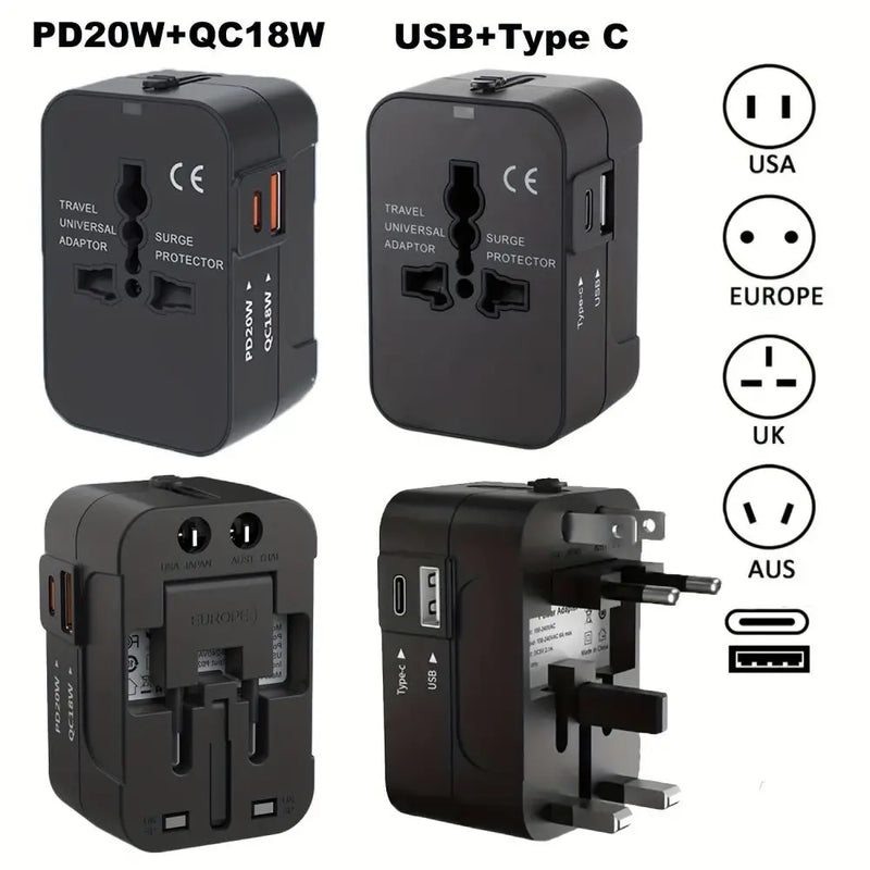 Universal Travel Adapter - All-in-One Fast Charger with USB-C Ports for USA, EU, UK & AU