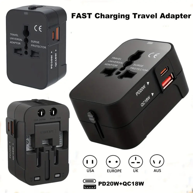 Universal Travel Adapter - All-in-One Fast Charger with USB-C Ports for USA, EU, UK & AU