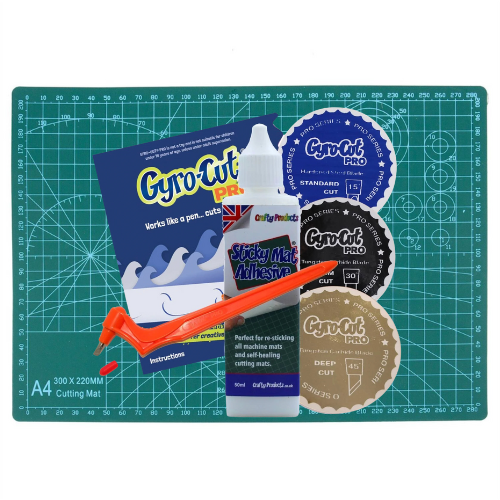 Gyro-Cut® PRO MEGA BUNDLE SET Including 3 Blades, Sticky Mat Adhesive glue and A4 cutting Mat - Standard, Medium and Deep Cut Blades