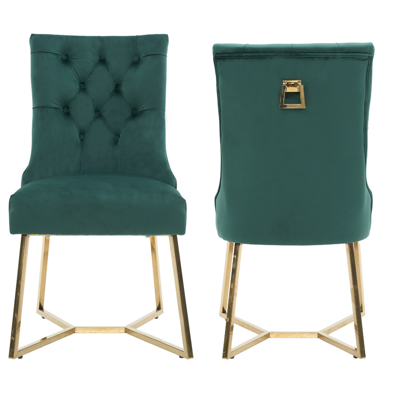 Ambra Velvet Dining Chair – Tufted Luxury Accent with Gold Legs & Ring Pull