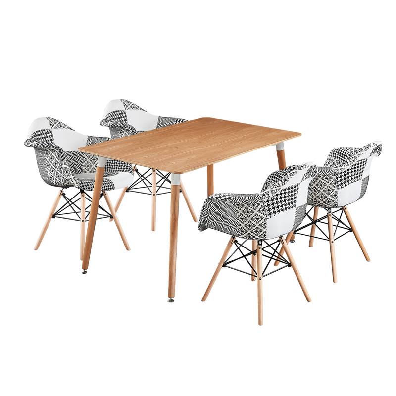 5-Piece Halo Dining Set - Oak Table & 4 Black/White Patchwork Armchairs