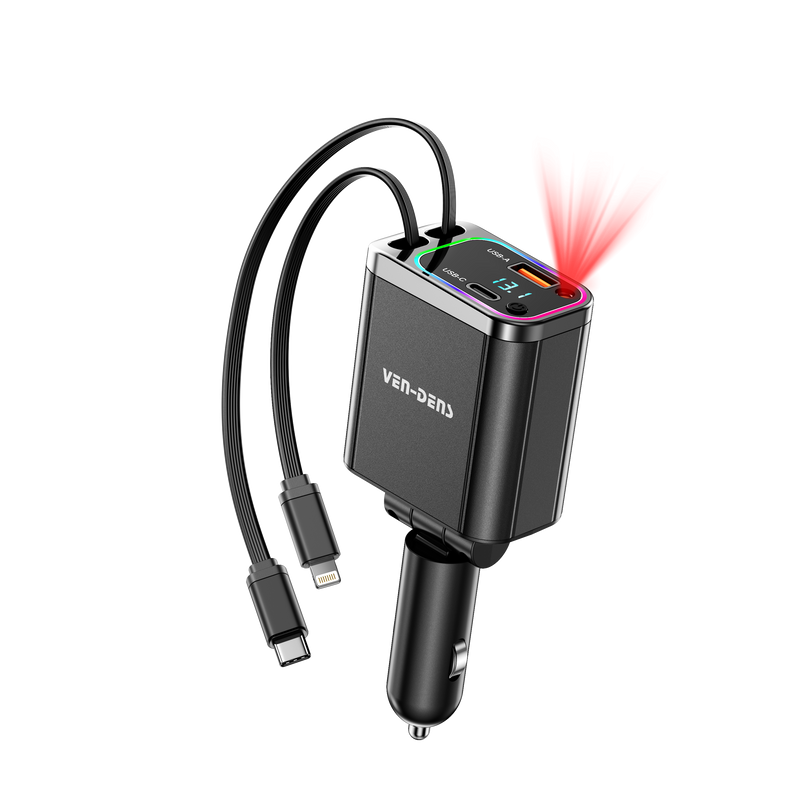 38W USB + Type-C Dual Ports Car Charger with Type-C and Lightning Cable