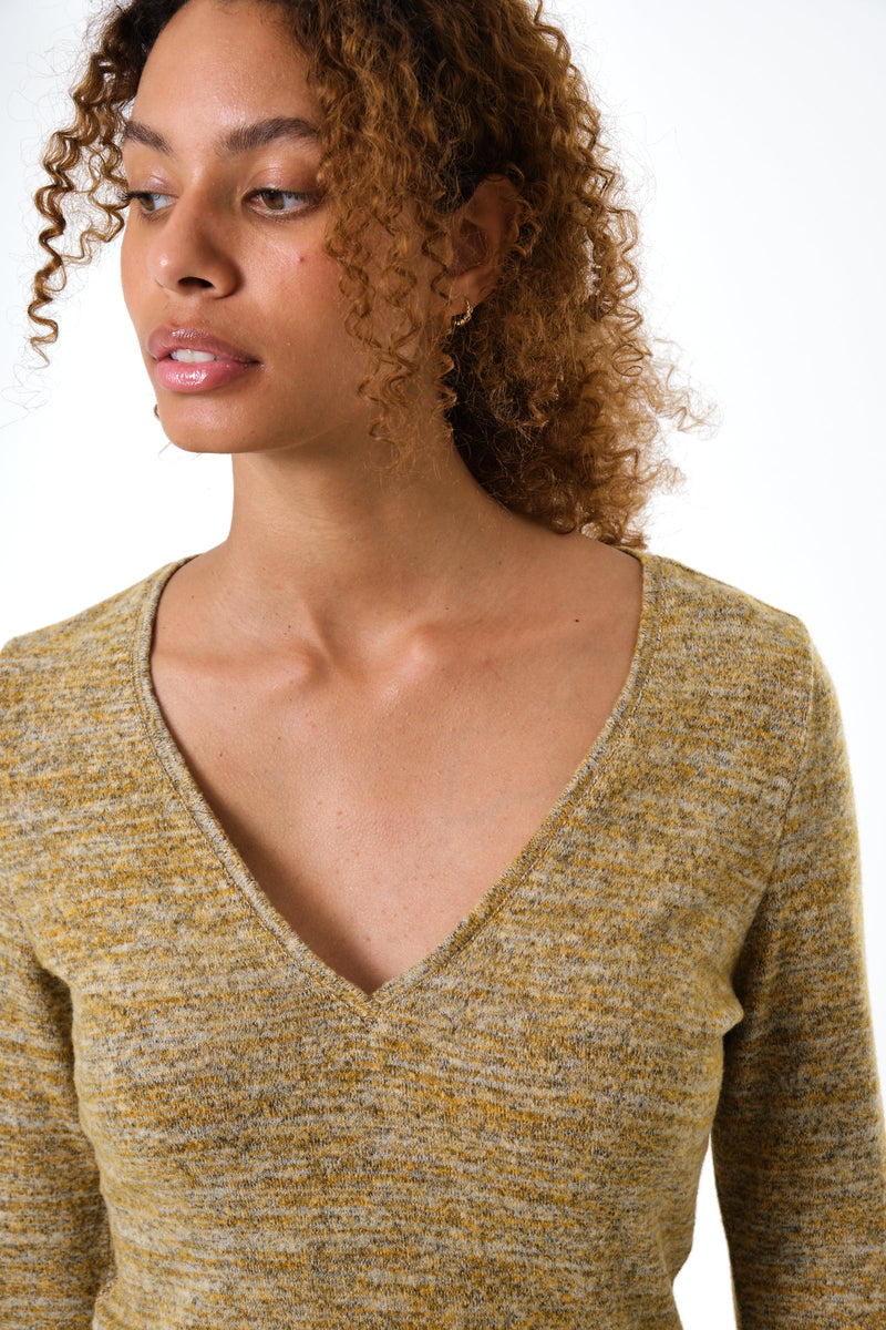 Vinita Soft Marl V-Neck Long Sleeve Top - Mustard